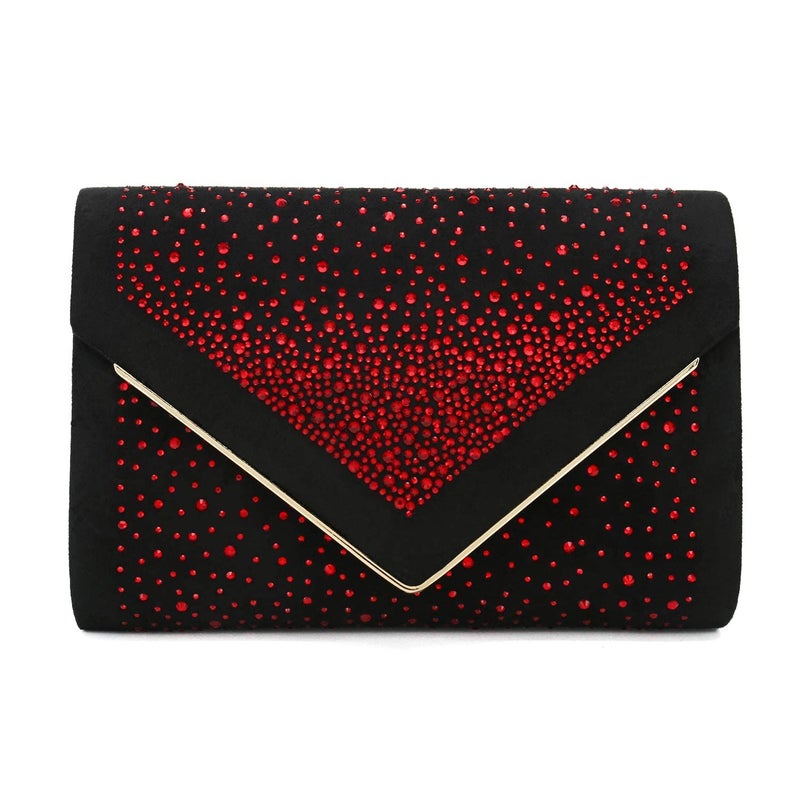 CHARMING TAILOR Envelope Purse Formal Faux Suede Clutch Rhinestone Evening Bag for Women Party Handbag (Black/red) - Image 1
